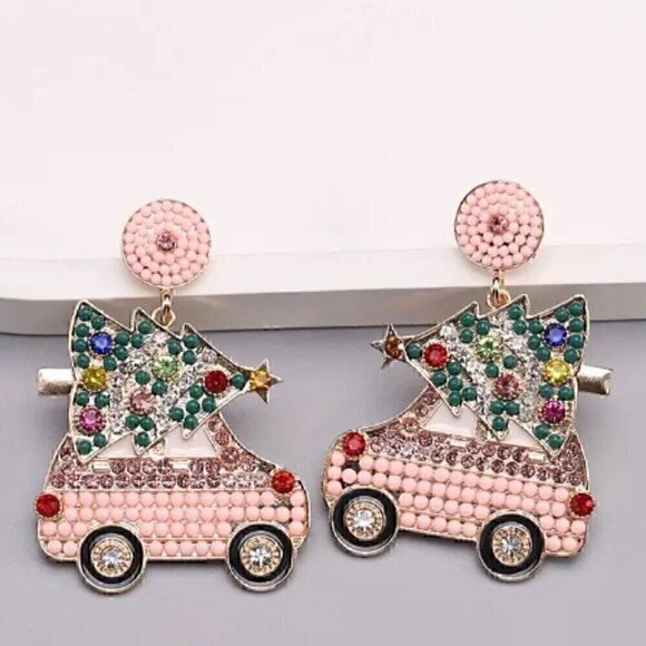 Pink Beaded Christmas Bow Christmas Tree Car Gloves Snowflake Earring - Picture 3 of 4